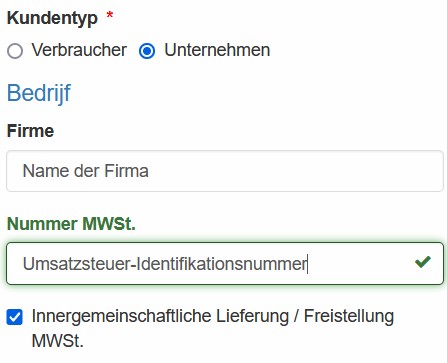 Daten erforderlich f&uuml;r Gesch&auml;ftsbestellung ohne Mehrwertsteuer