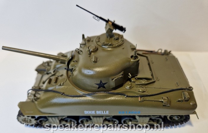 Miniature Sherman tank with tinsel wire as a miniature steel cable