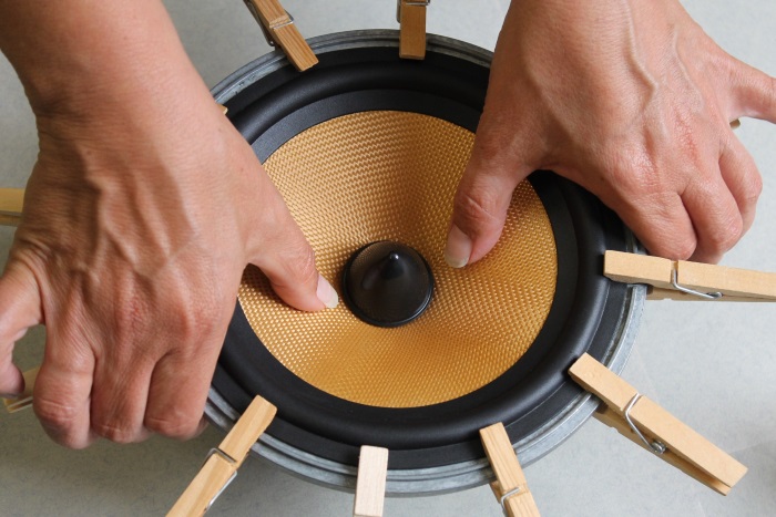 B&W ZZ11436 repair: feel, by carefully pressing the woofer downwards, if the woofer 'runs free'
