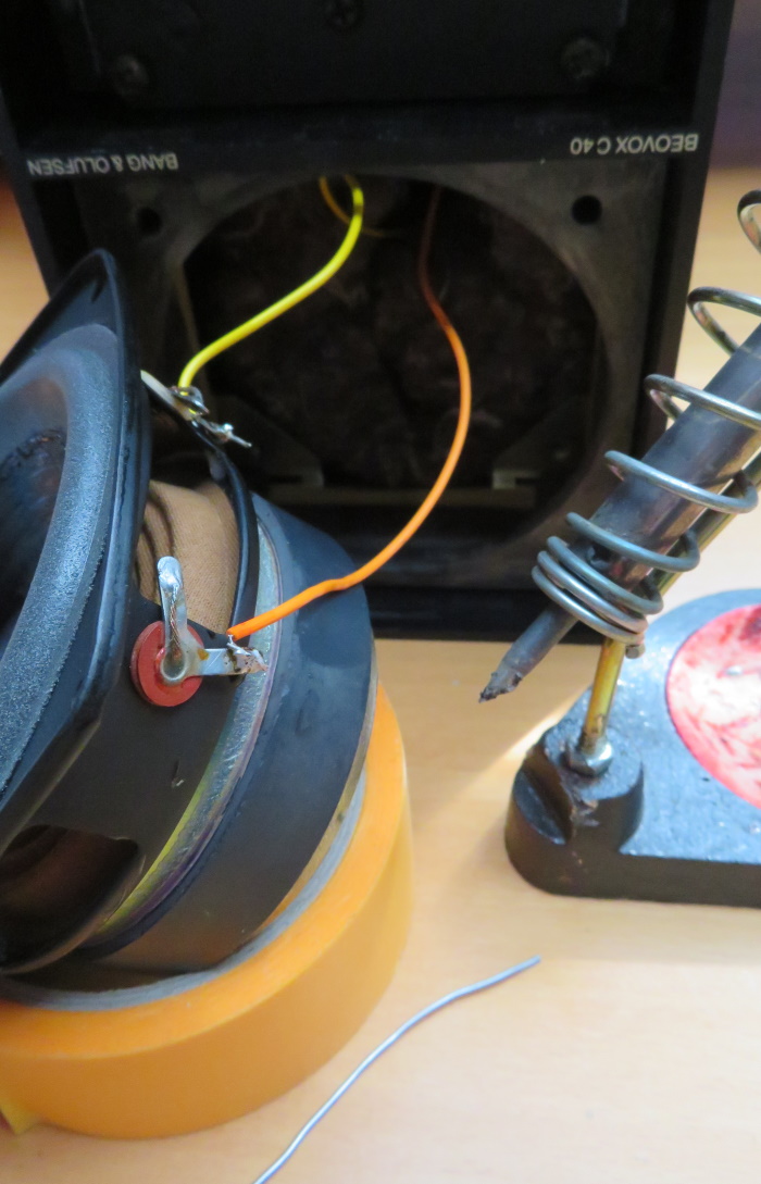 B&O Beovox C40 woofer is placed back in the speaker cabinet after revision
