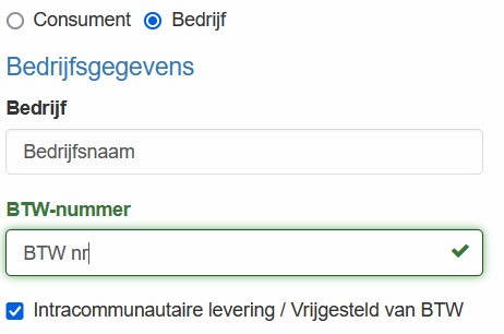 Vereiste gegevens voor bestelling zonder BTW